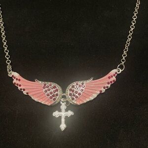 Pink and Silver Winged Necklace with Cross Pendant